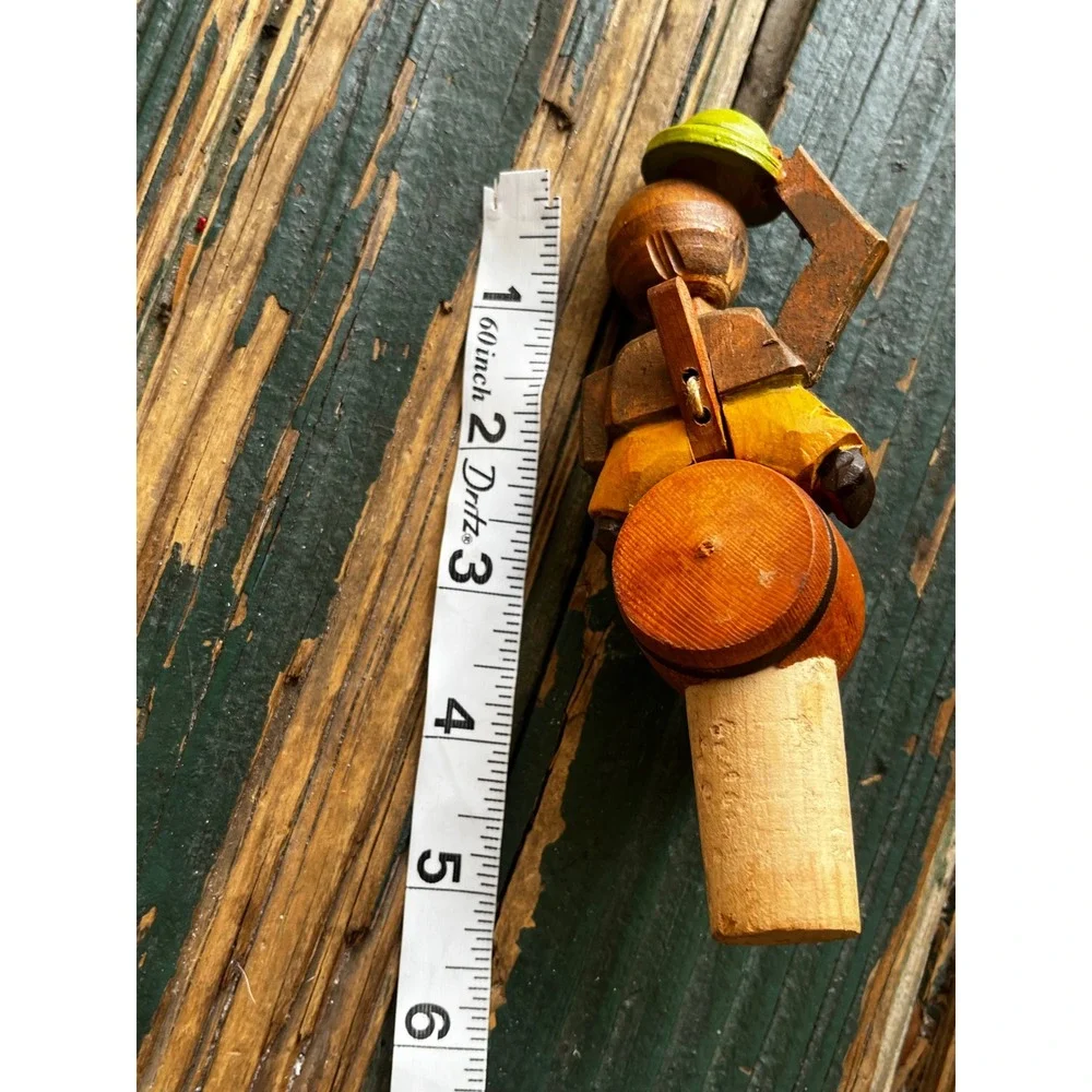 Vintage Hand Carved Wooden Mechanical Bottle Stopper Man on Barrel Lifts Hat